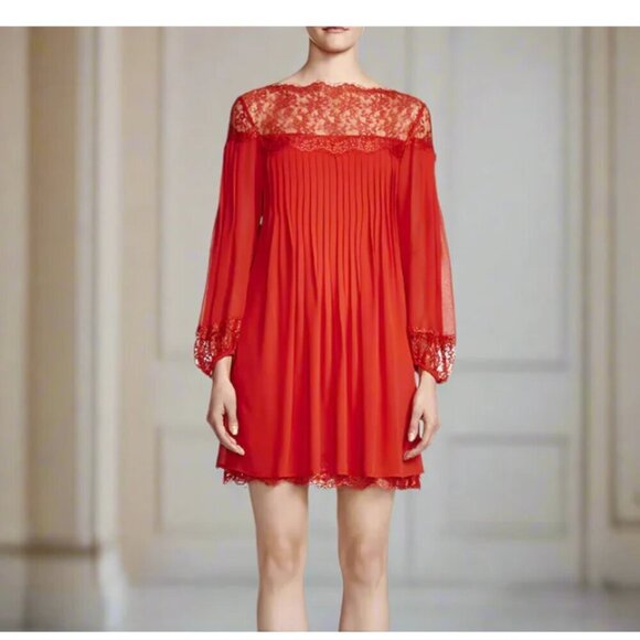 The Kooples Red Lace Chiffon Shift Dress Medium Red Long Sleeve Pleated Mini - Picture 1 of 9